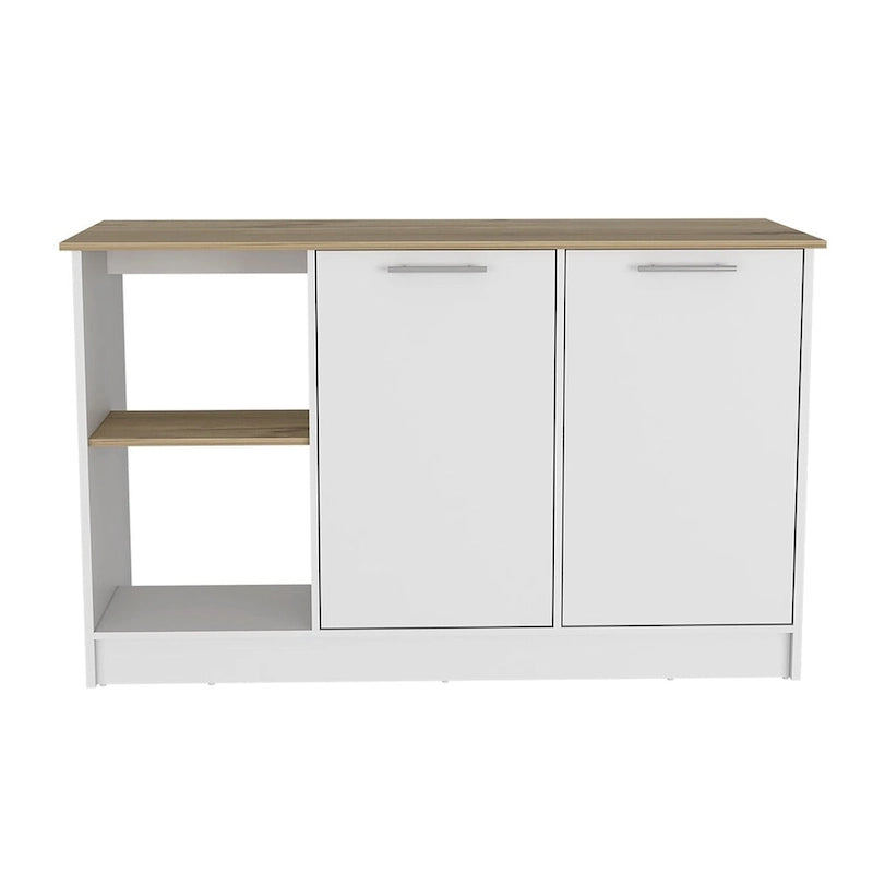 Kitchen Island with Four Open Shelves and Two Cabinets in Light Oak and White