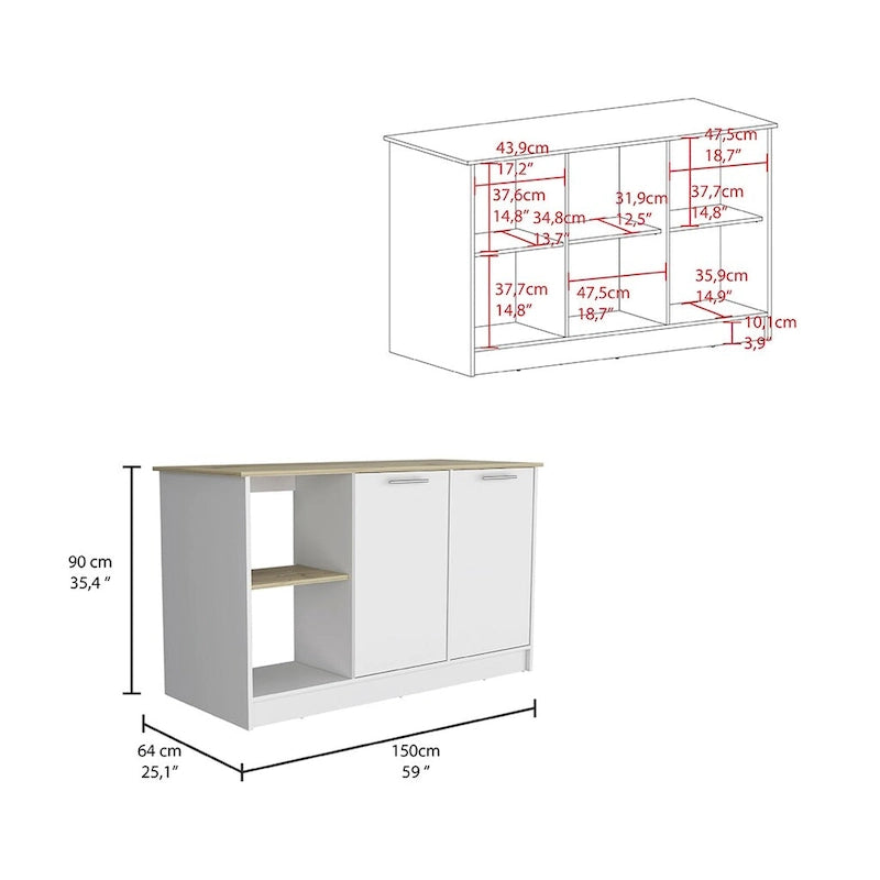 Kitchen Island with Four Open Shelves and Two Cabinets in Light Oak and White