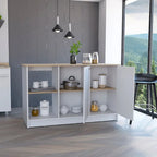 Kitchen Island with Four Open Shelves and Two Cabinets in Light Oak and White