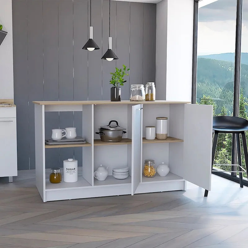 Kitchen Island with Four Open Shelves and Two Cabinets in Light Oak and White