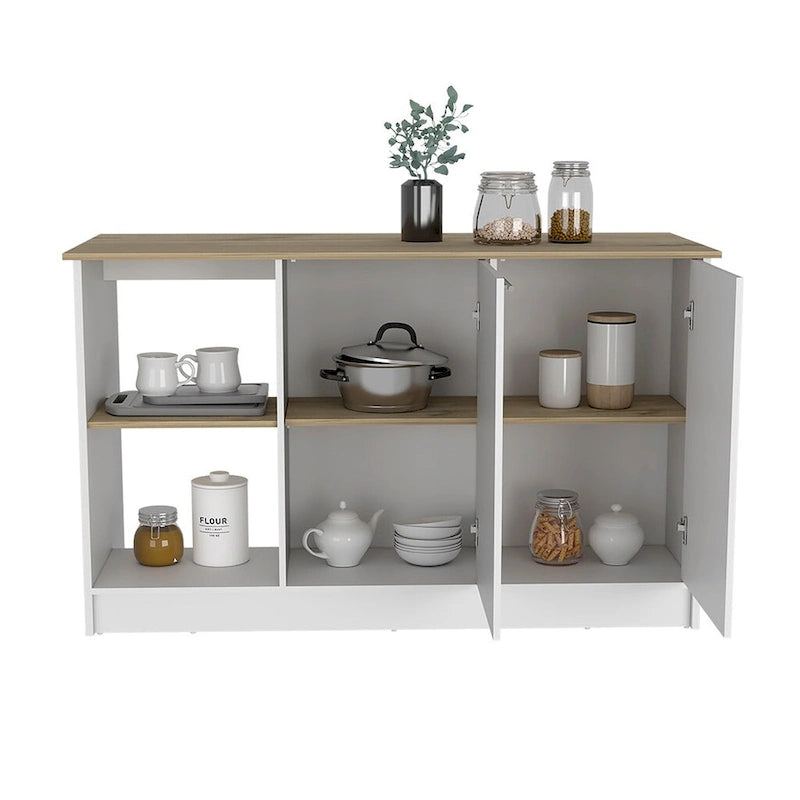 Kitchen Island with Four Open Shelves and Two Cabinets in Light Oak and White