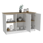 Kitchen Island with Four Open Shelves and Two Cabinets in Light Oak and White