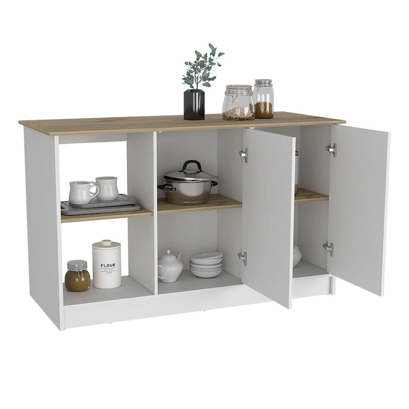 Kitchen Island with Four Open Shelves and Two Cabinets in Light Oak and White