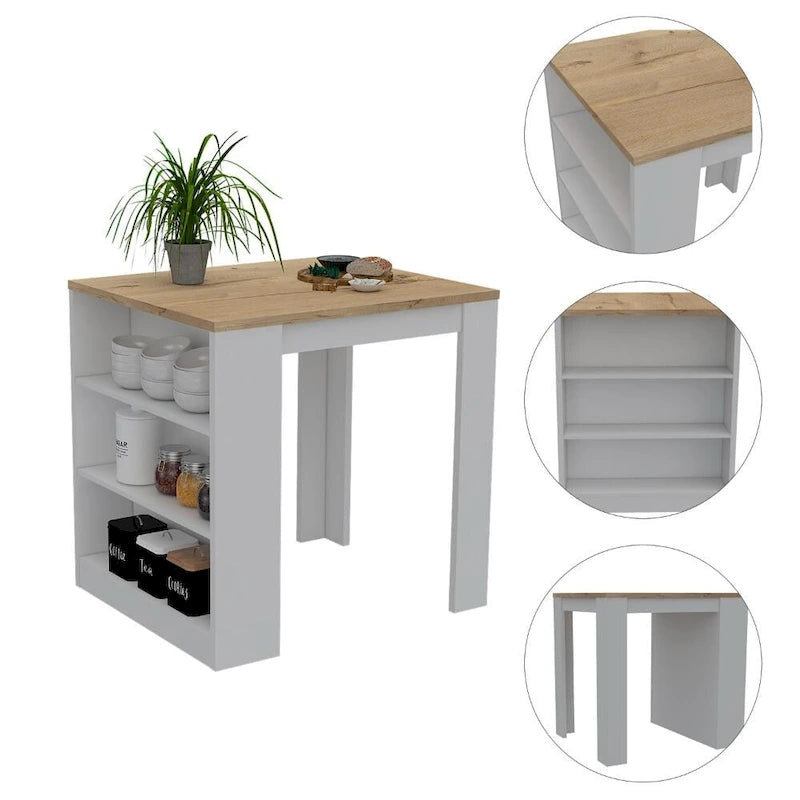 3-Drawer Kitchen Island in White and Pine