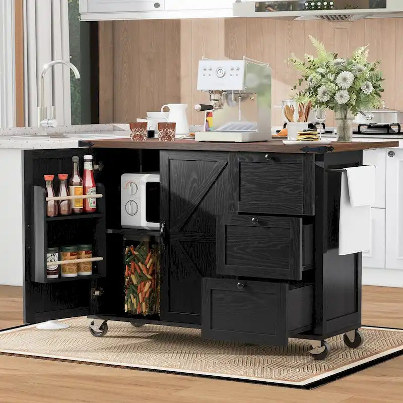 54.5 in. Farmhouse Kitchen Island with Power Outlet, Internal Storage Rack, Drop Leaf and Spice Rack
