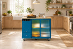 LED Light Kitchen Cart on Wheels with 2 Fluted Glass Doors