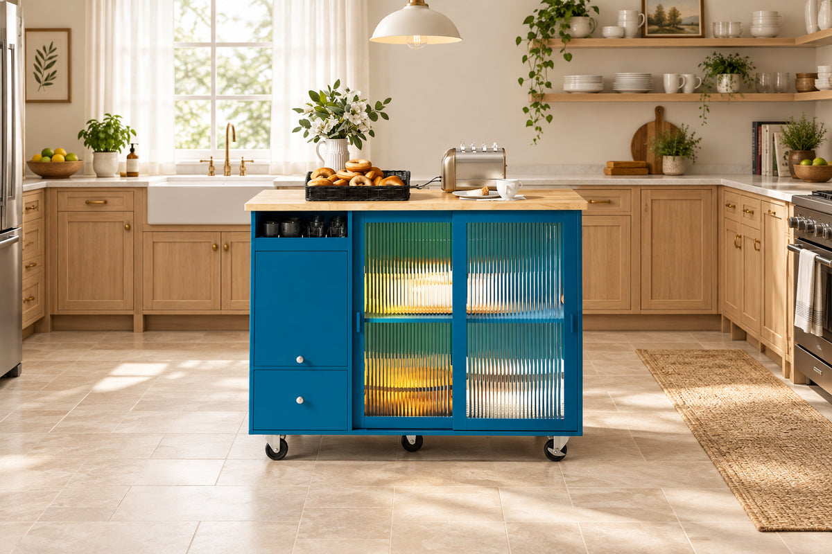 LED Light Kitchen Cart on Wheels with 2 Fluted Glass Doors