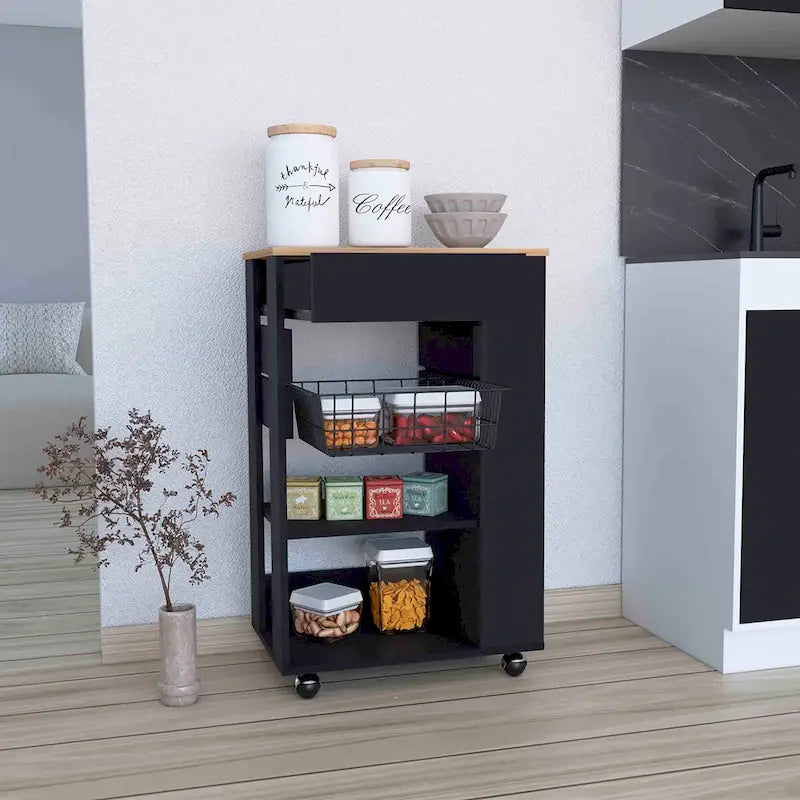 Kitchen Cart with One Drawer, Two Open Shelves and Four Casters in White and Light Oak