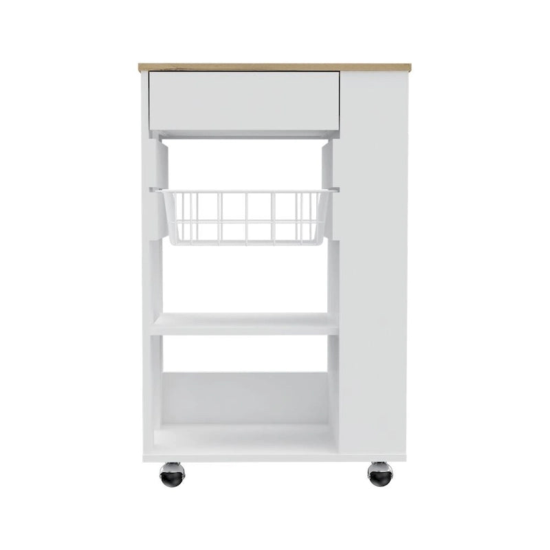 Kitchen Cart with One Drawer, Two Open Shelves and Four Casters in White and Light Oak