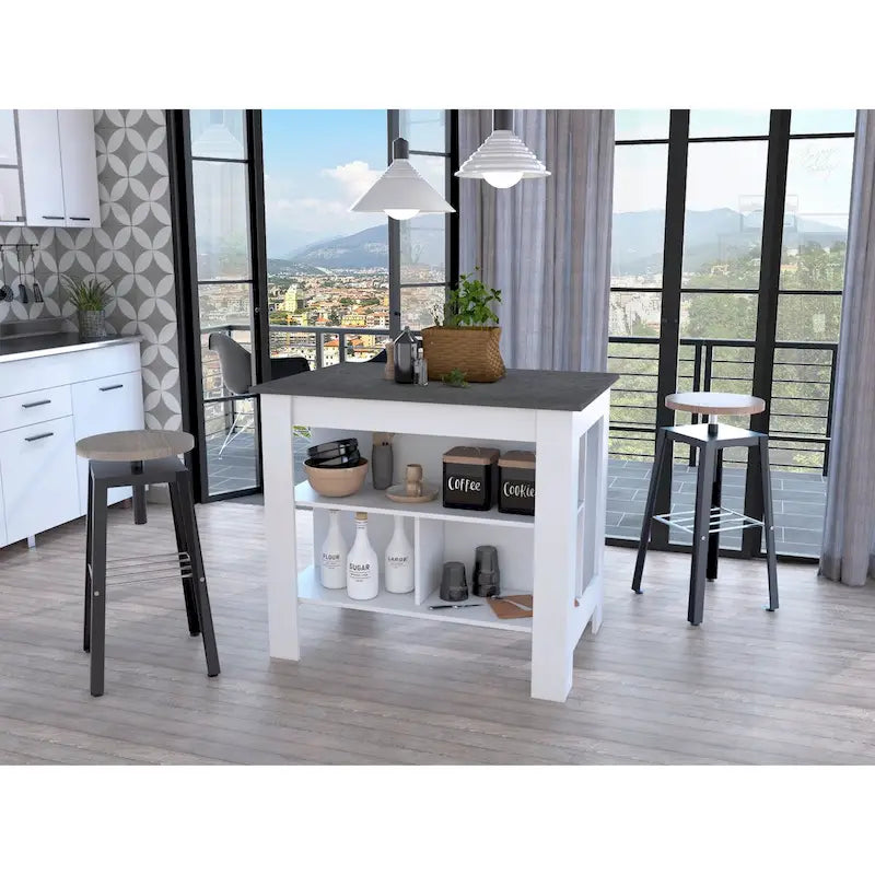 3-Shelf Kitchen Island in White and Onyx