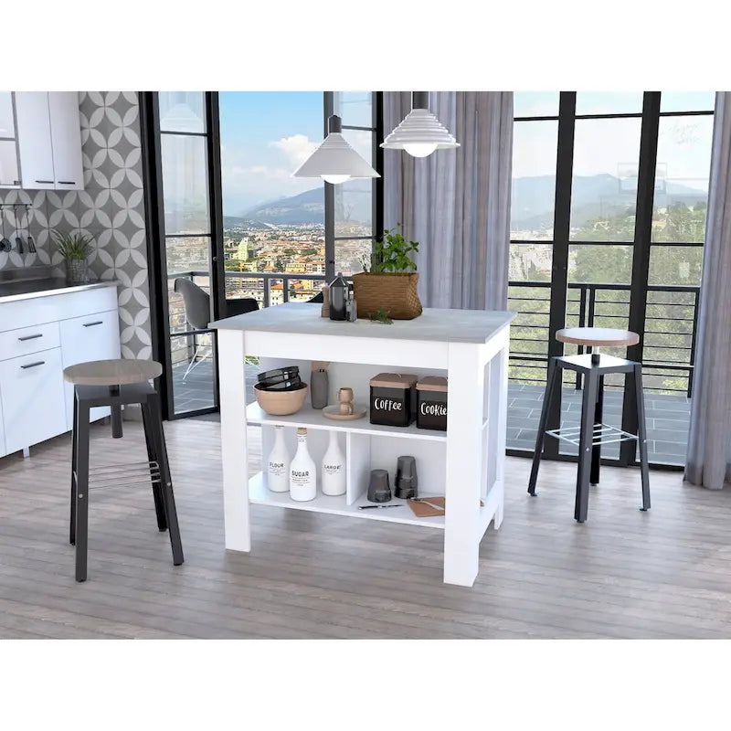 3-Shelf Kitchen Island in White and Onyx