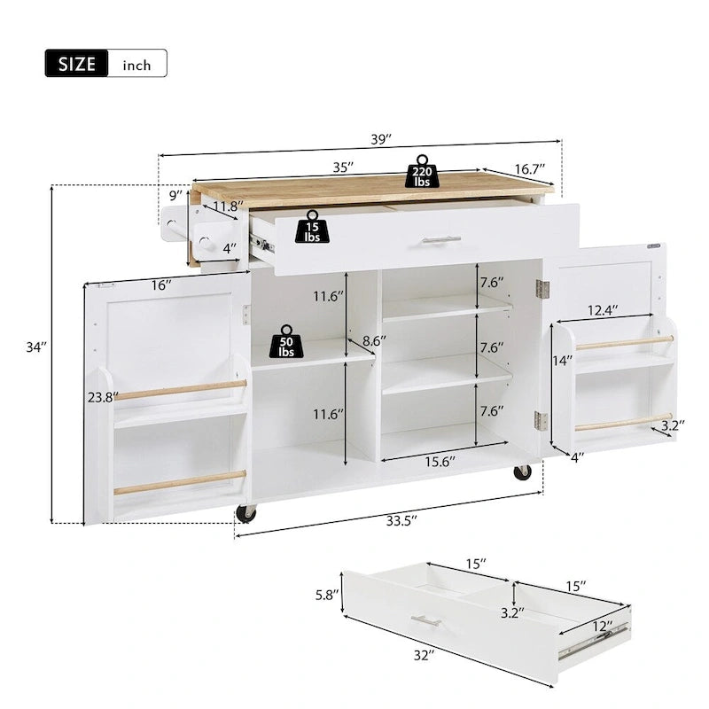 Rolling Kitchen Cart with Adjustable Shelf, Tower Rack and Rubber Wood Top
