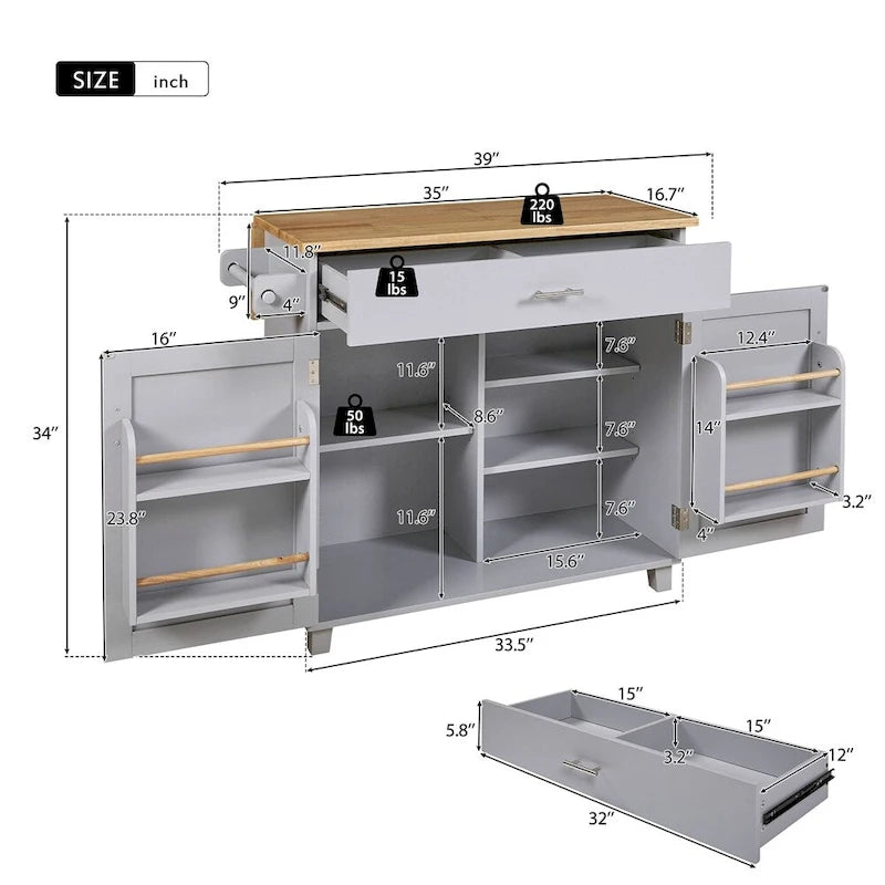 Rolling Kitchen Cart with Adjustable Shelf, Tower Rack and Rubber Wood Top