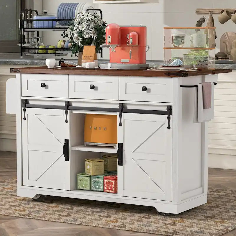 53.7 in. Farmhouse Kitchen Island with Power Outlets and 2 Sliding Barn Doors