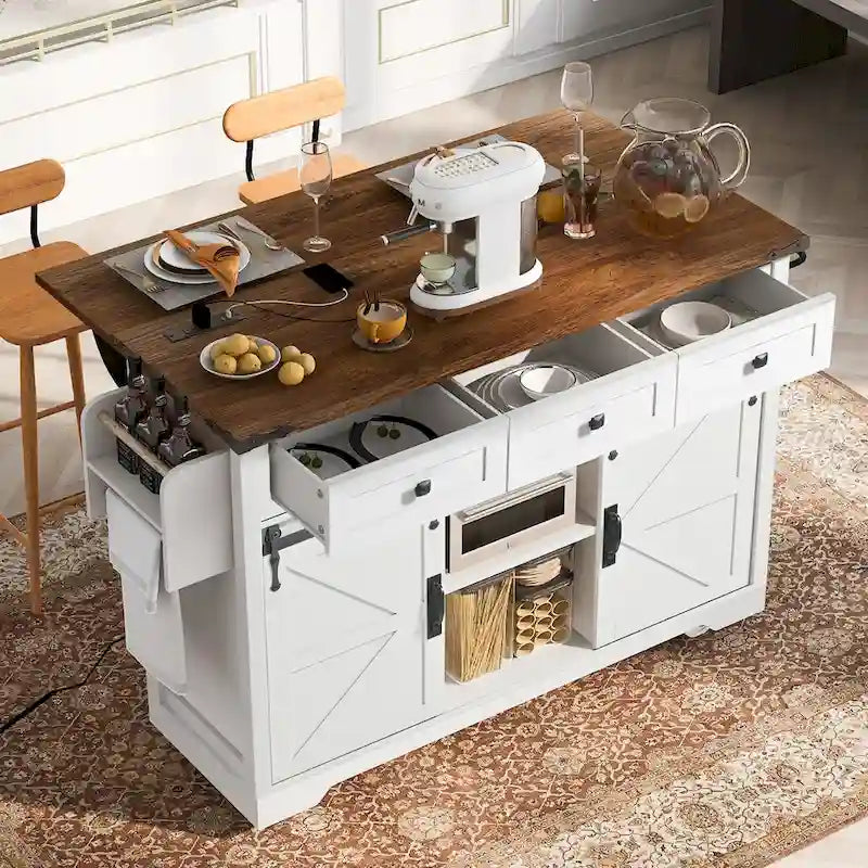 53.7 in. Farmhouse Kitchen Island with Power Outlets and 2 Sliding Barn Doors