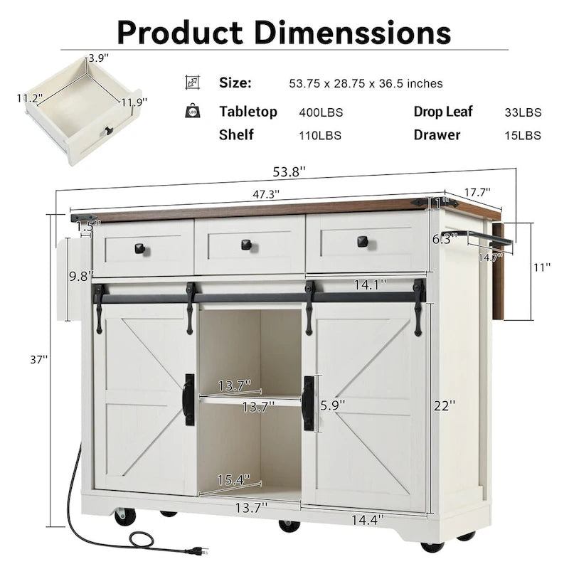 53.7 in. Farmhouse Kitchen Island with Power Outlets and 2 Sliding Barn Doors