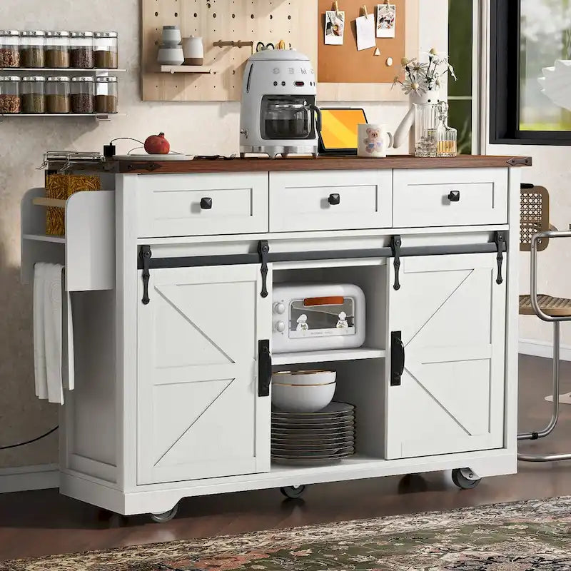 53.7 in. Farmhouse Kitchen Island with Power Outlets and 2 Sliding Barn Doors