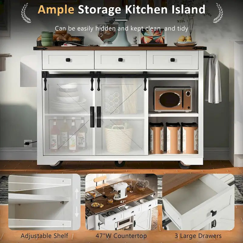 53.7 in. Farmhouse Kitchen Island with Power Outlets and 2 Sliding Barn Doors