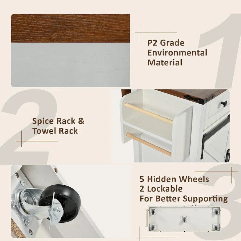 53.7 in. Farmhouse Kitchen Island with Power Outlets and 2 Sliding Barn Doors