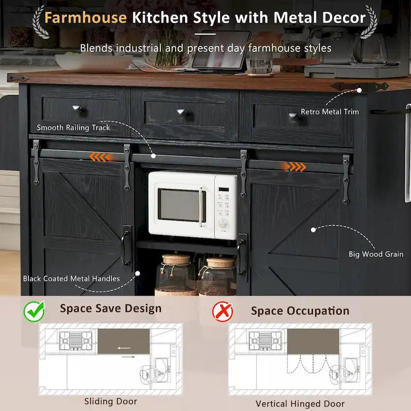 53.7 in. Farmhouse Kitchen Island with Power Outlets and 2 Sliding Barn Doors