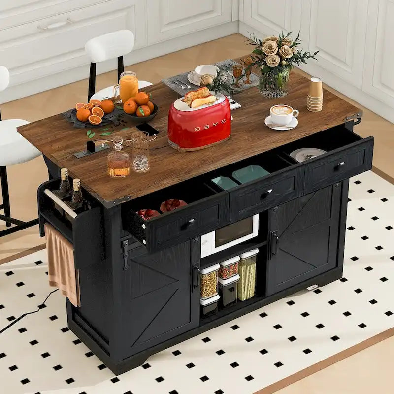 53.7 in. Farmhouse Kitchen Island with Power Outlets and 2 Sliding Barn Doors