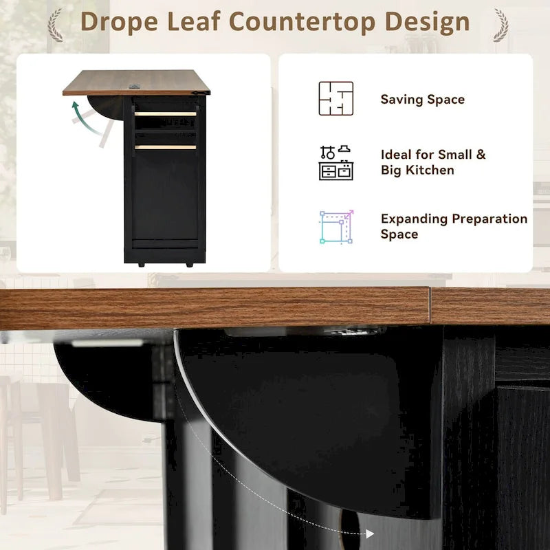 53.7 in. Farmhouse Kitchen Island with Power Outlets and 2 Sliding Barn Doors