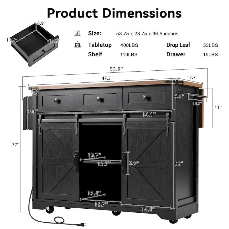 53.7 in. Farmhouse Kitchen Island with Power Outlets and 2 Sliding Barn Doors