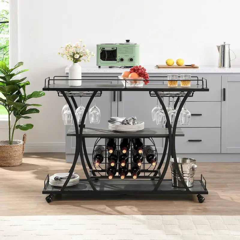 Industrial Bar and Serving Cart with Wheels and 3 Storage Shelves