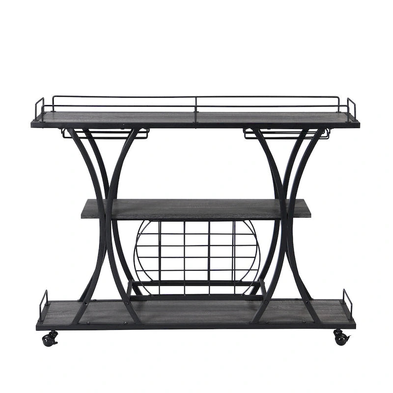 Industrial Bar and Serving Cart with Wheels and 3 Storage Shelves