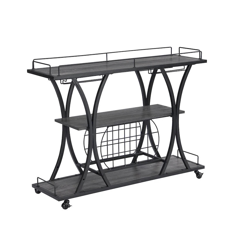 Industrial Bar and Serving Cart with Wheels and 3 Storage Shelves