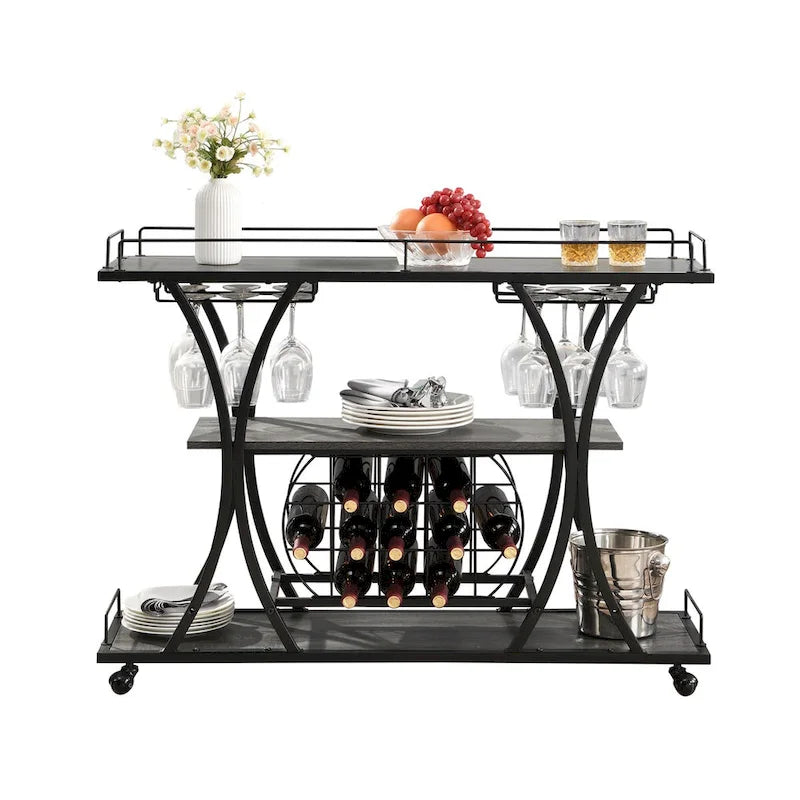 Industrial Bar and Serving Cart with Wheels and 3 Storage Shelves