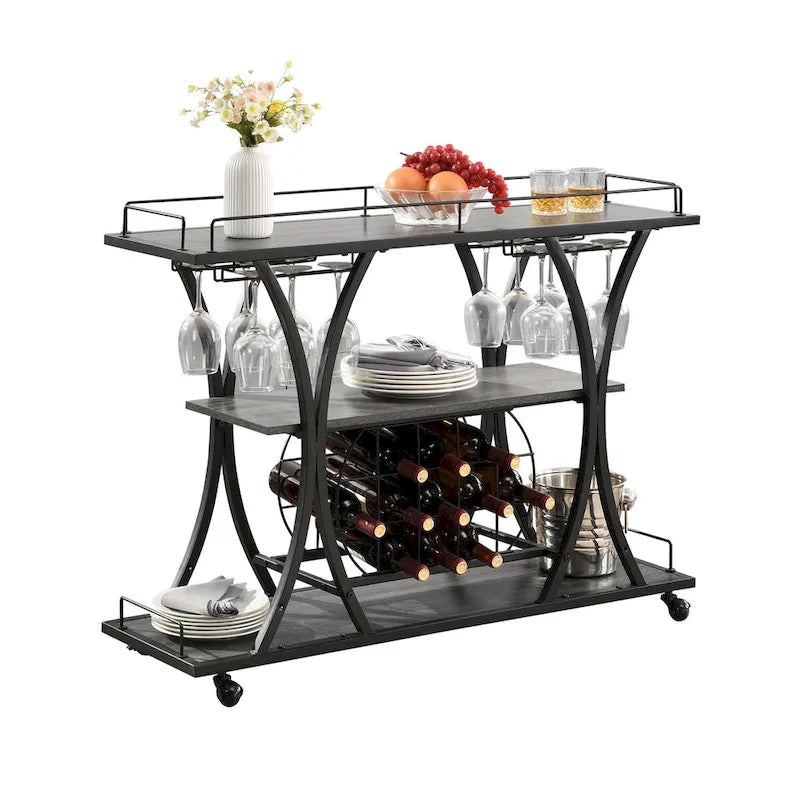 Industrial Bar and Serving Cart with Wheels and 3 Storage Shelves