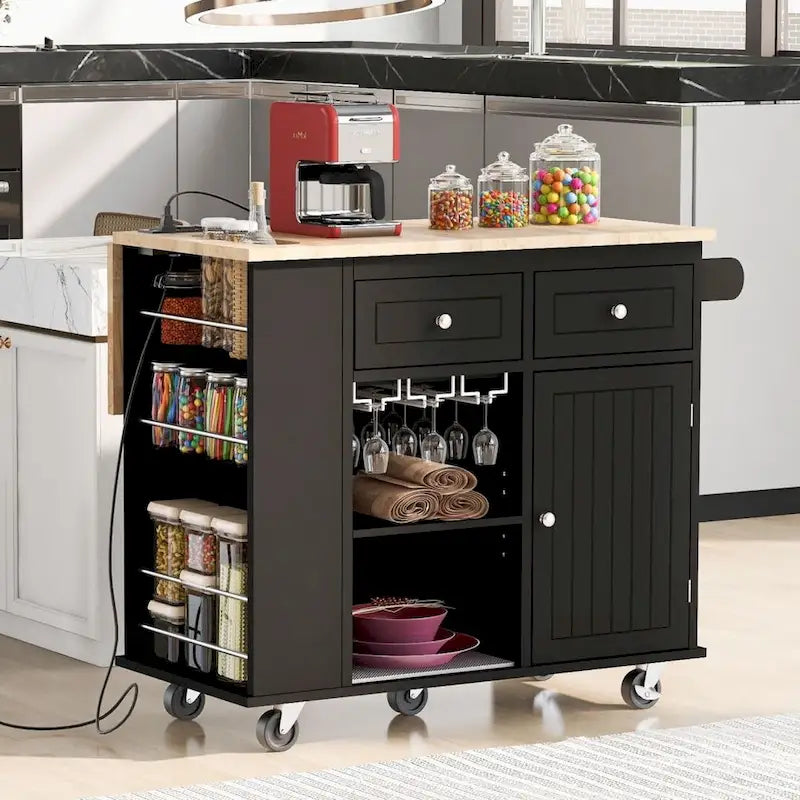 Kitchen Island with Power Outlet, Drop Leaf, Rubber Wood Storage and Wine Rack