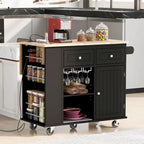 Kitchen Island with Power Outlet, Drop Leaf, Rubber Wood Storage and Wine Rack