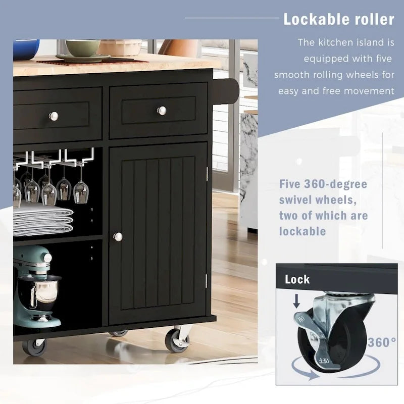 Kitchen Island with Power Outlet, Drop Leaf, Rubber Wood Storage and Wine Rack