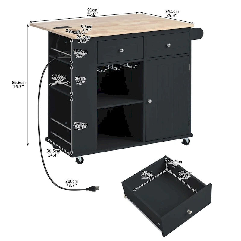 Kitchen Island with Power Outlet, Drop Leaf, Rubber Wood Storage and Wine Rack