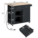 Kitchen Island with Power Outlet, Drop Leaf, Rubber Wood Storage and Wine Rack