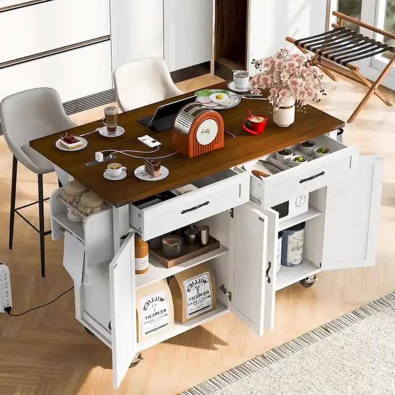 53.5 in. Farmhouse Kitchen Island with Power Outlet, Drop Leaf, Spice Rack and Drawer