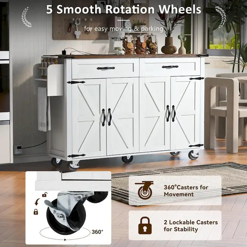 Îlot de cuisine de 136 cm style ferme avec prise électrique, abattant, étagère à épices et tiroir