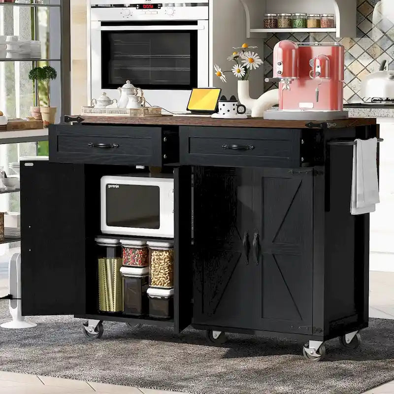 Îlot de cuisine de 136 cm style ferme avec prise électrique, abattant, étagère à épices et tiroir