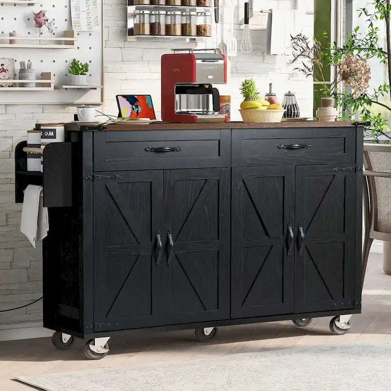 Îlot de cuisine de 136 cm style ferme avec prise électrique, abattant, étagère à épices et tiroir