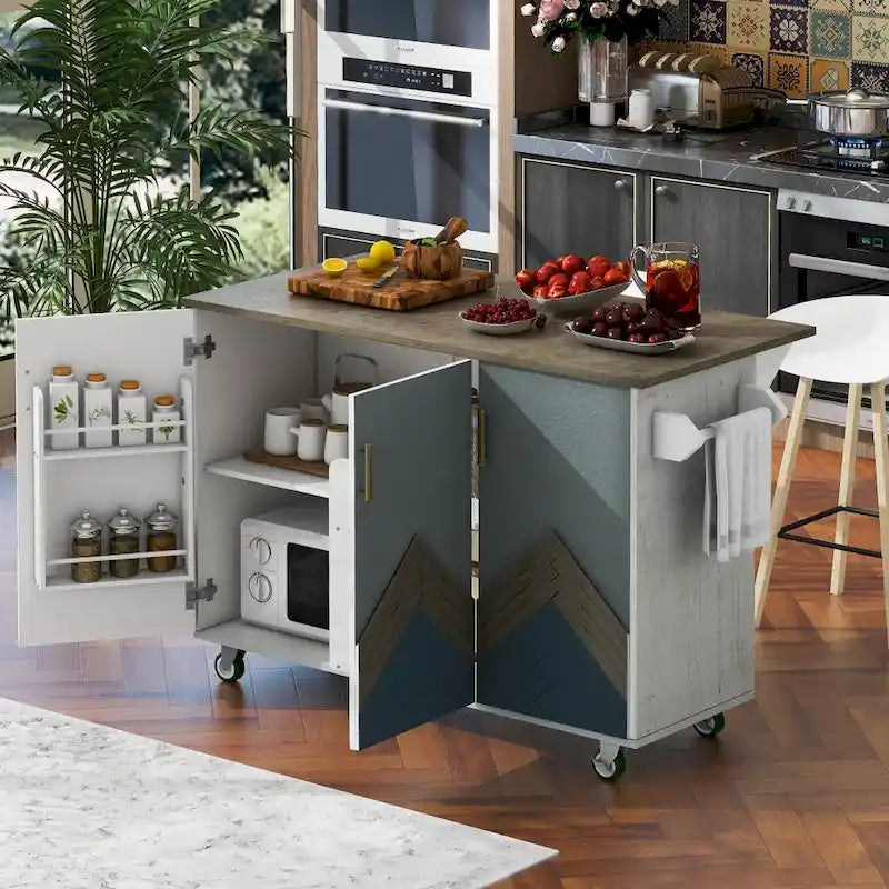 51 in. W Kitchen Island with Retro Drop-Leaf Countertop on 4 Wheels, Internal Storage Rack and Towel Rack