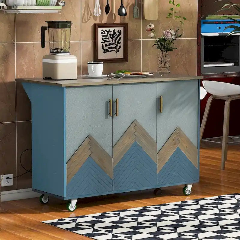 51 in. W Kitchen Island with Retro Drop-Leaf Countertop on 4 Wheels, Internal Storage Rack and Towel Rack