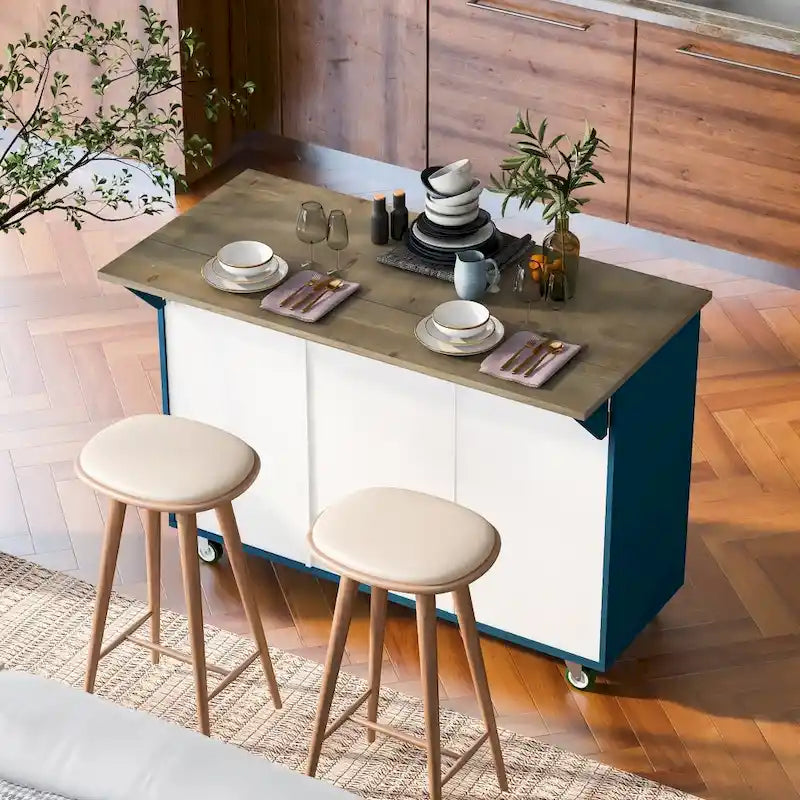 51 in. W Kitchen Island with Retro Drop-Leaf Countertop on 4 Wheels, Internal Storage Rack and Towel Rack