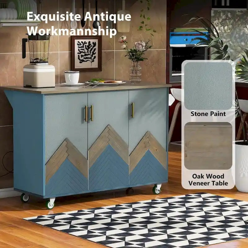 51 in. W Kitchen Island with Retro Drop-Leaf Countertop on 4 Wheels, Internal Storage Rack and Towel Rack