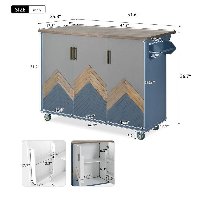 51 in. W Kitchen Island with Retro Drop-Leaf Countertop on 4 Wheels, Internal Storage Rack and Towel Rack