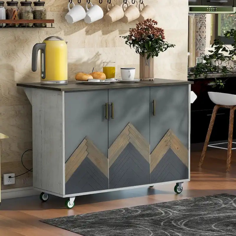 51 in. W Kitchen Island with Retro Drop-Leaf Countertop on 4 Wheels, Internal Storage Rack and Towel Rack