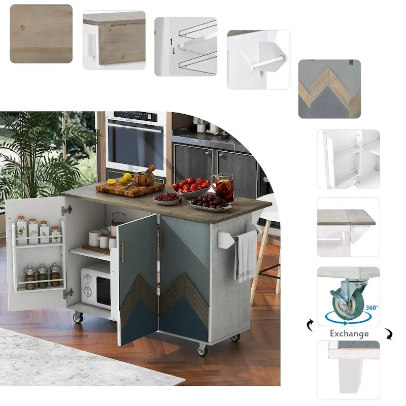 51 in. W Kitchen Island with Retro Drop-Leaf Countertop on 4 Wheels, Internal Storage Rack and Towel Rack