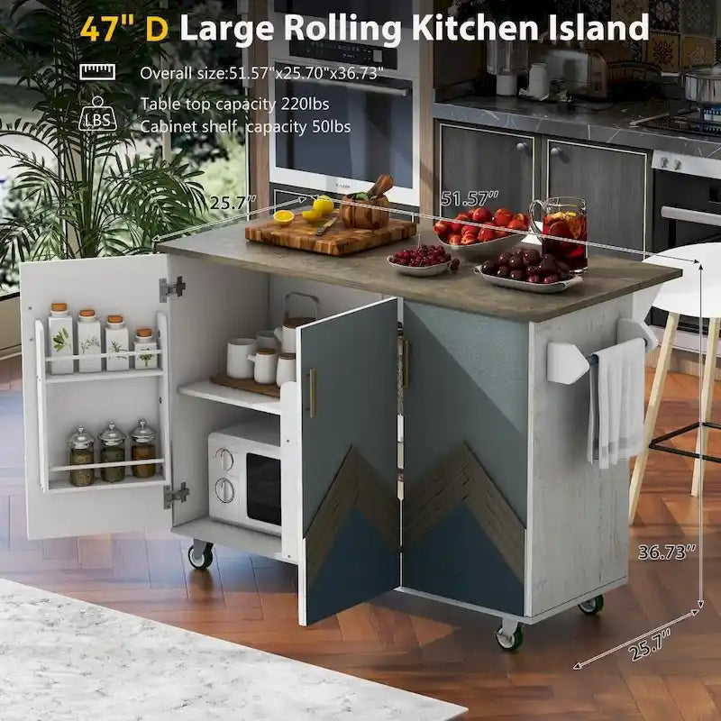 47 in. Wood Kitchen Island with Drop Leaf and Internal Storage Rack