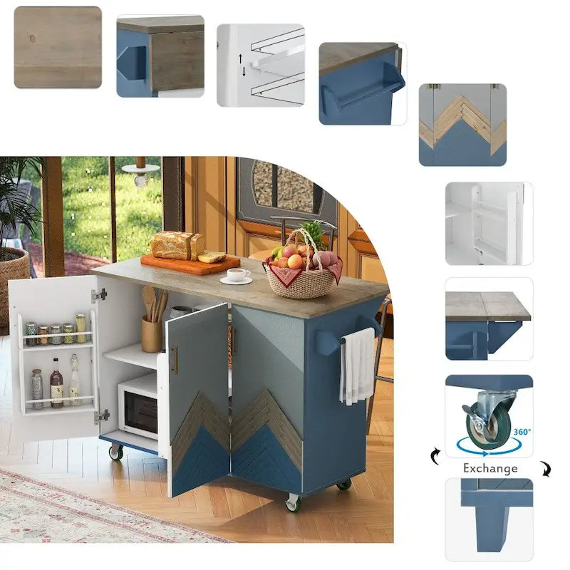 47 in. Wood Kitchen Island with Drop Leaf and Internal Storage Rack